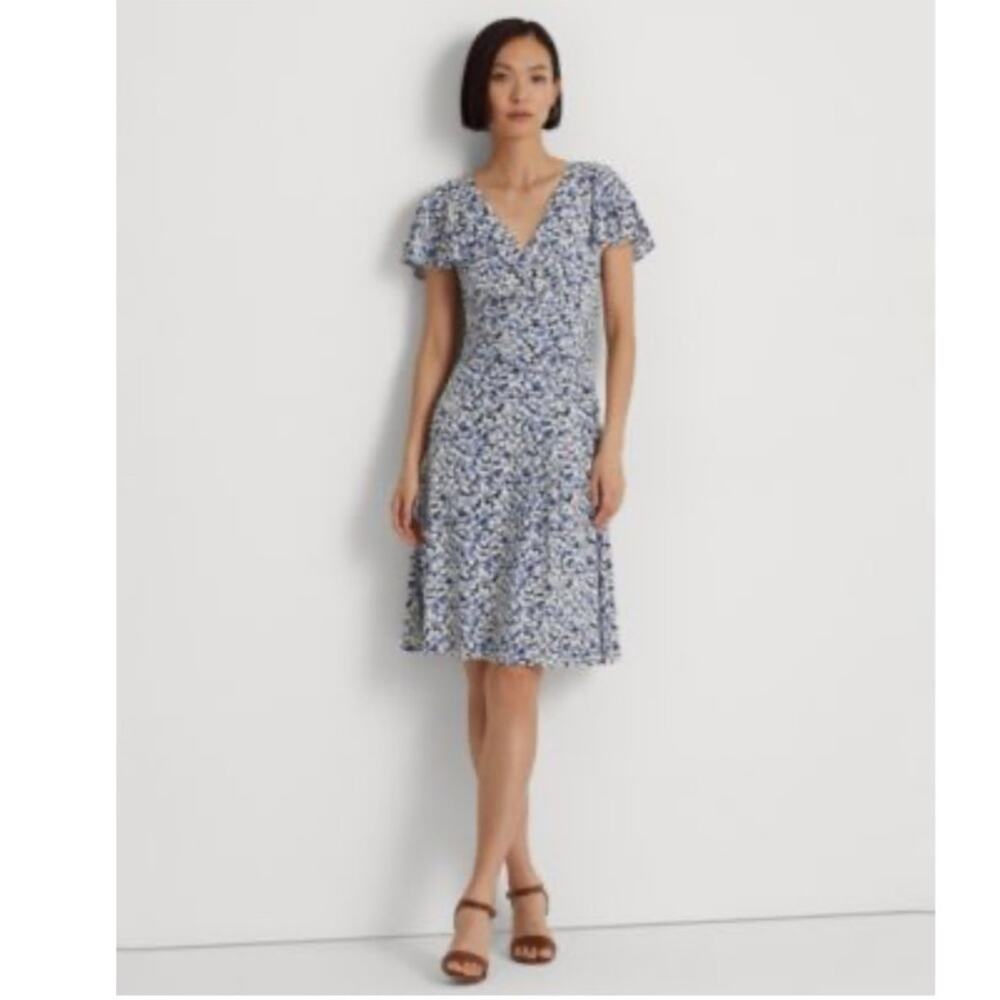Lauren Ralph Blue Floral Flutter Sleeve Jersey V-Neck Dress Plus Size 16